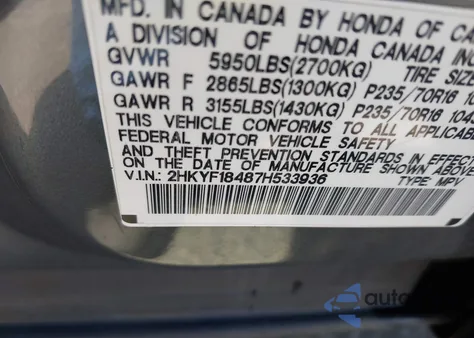 2007 Honda Pilot Ex from USA, damaged, VIN 2HKYF18487H533936